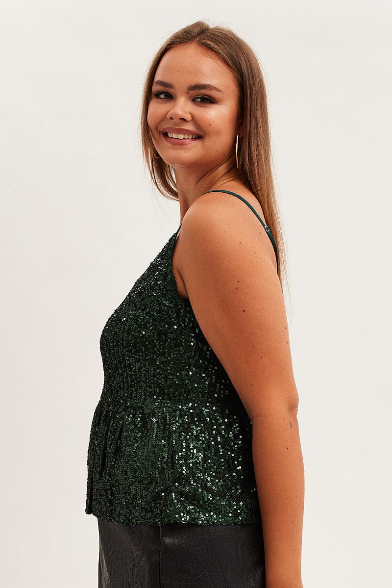 Green Sequin Camisole Top Shoestring Strap Peplum for YouandAll Fashion