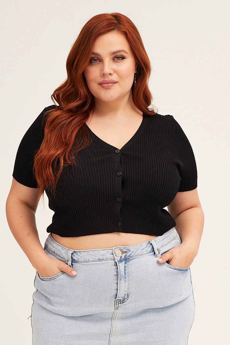 BLACK Cardigan Short Sleeve Ribbed  Crop Knit for Women by You + All