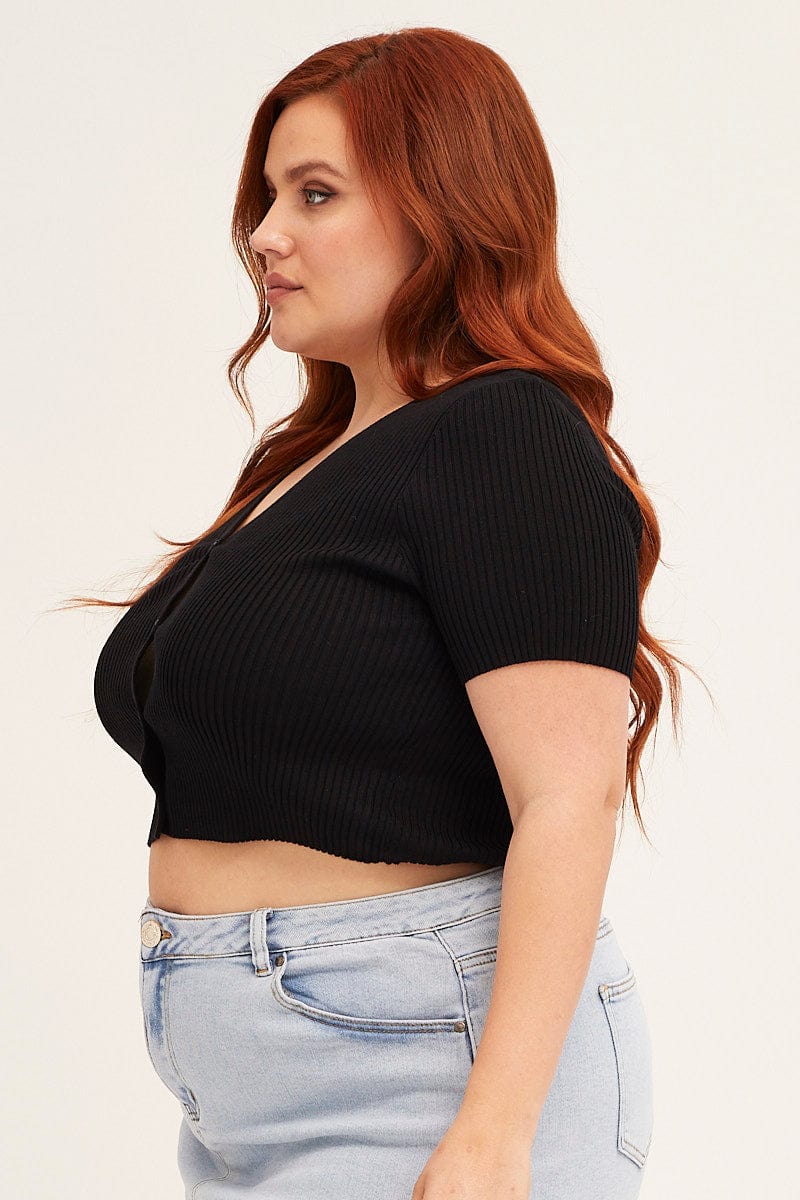 BLACK Cardigan Short Sleeve Ribbed  Crop Knit for Women by You + All