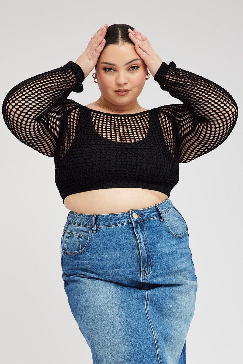 Black Fishnet Knit Top Long Sleeve Square Neck for YouandAll Fashion