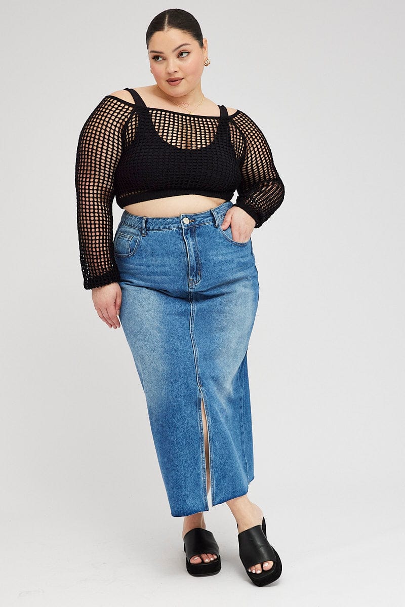 Black Fishnet Knit Top Long Sleeve Square Neck for YouandAll Fashion