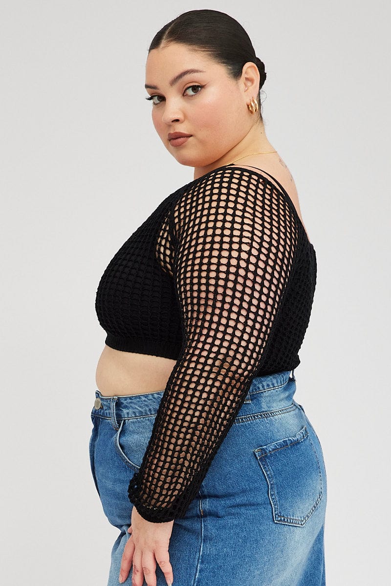 Black Fishnet Knit Top Long Sleeve Square Neck for YouandAll Fashion