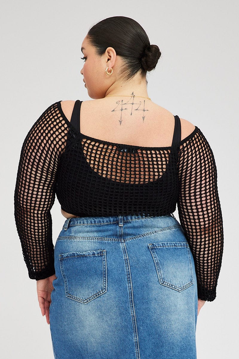 Black Fishnet Knit Top Long Sleeve Square Neck for YouandAll Fashion