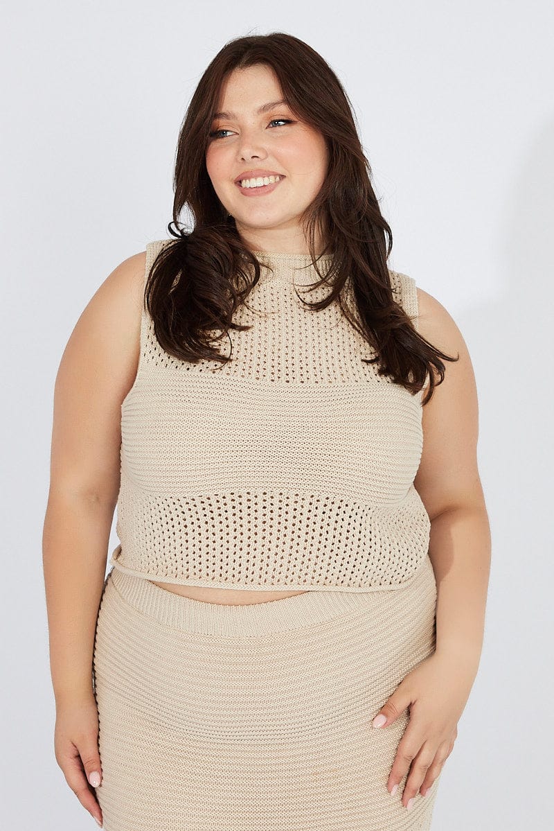 Beige Crochet Knit Tank Top for YouandAll Fashion