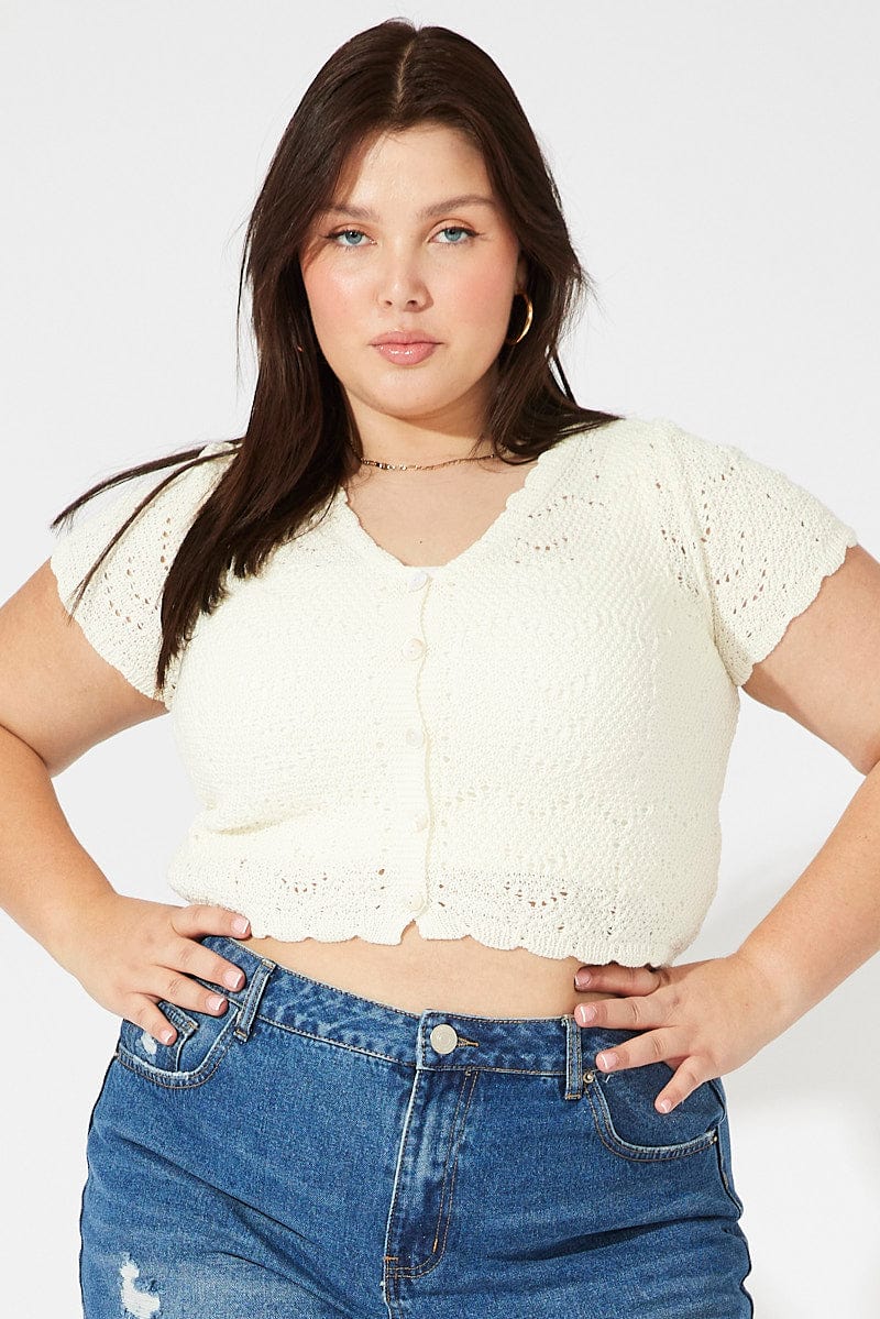 White Crochet Knit Cardigan Short Sleeve for YouandAll Fashion