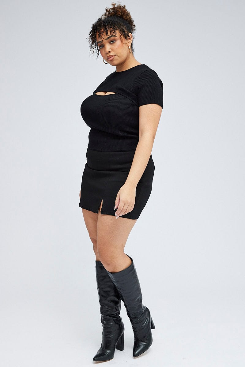 Black Knit Top Bust Cut Out Short Sleeve for YouandAll Fashion
