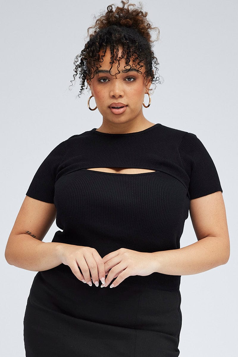 Black Knit Top Bust Cut Out Short Sleeve for YouandAll Fashion