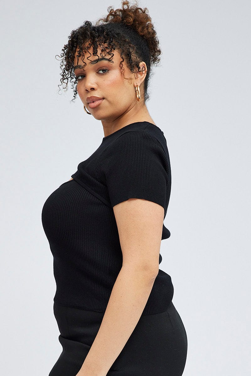 Black Knit Top Bust Cut Out Short Sleeve for YouandAll Fashion