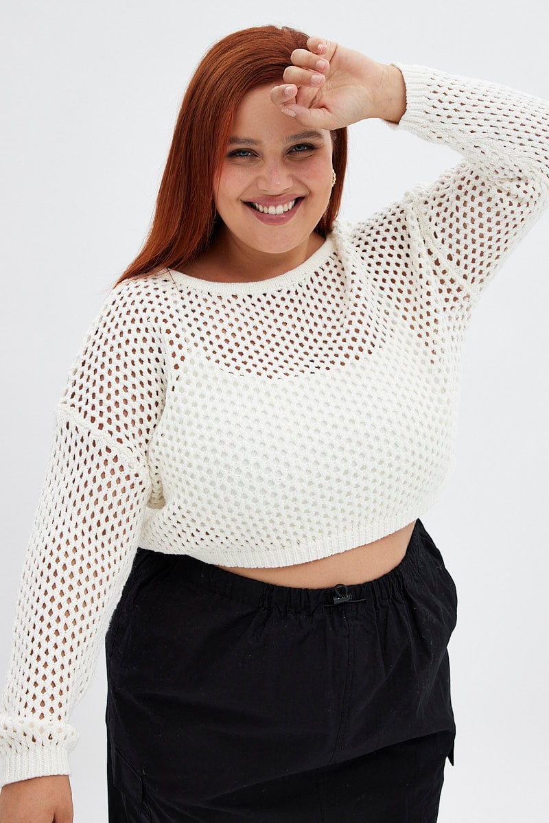 White Knit Jumper Long Sleeve Fishnet for YouandAll Fashion