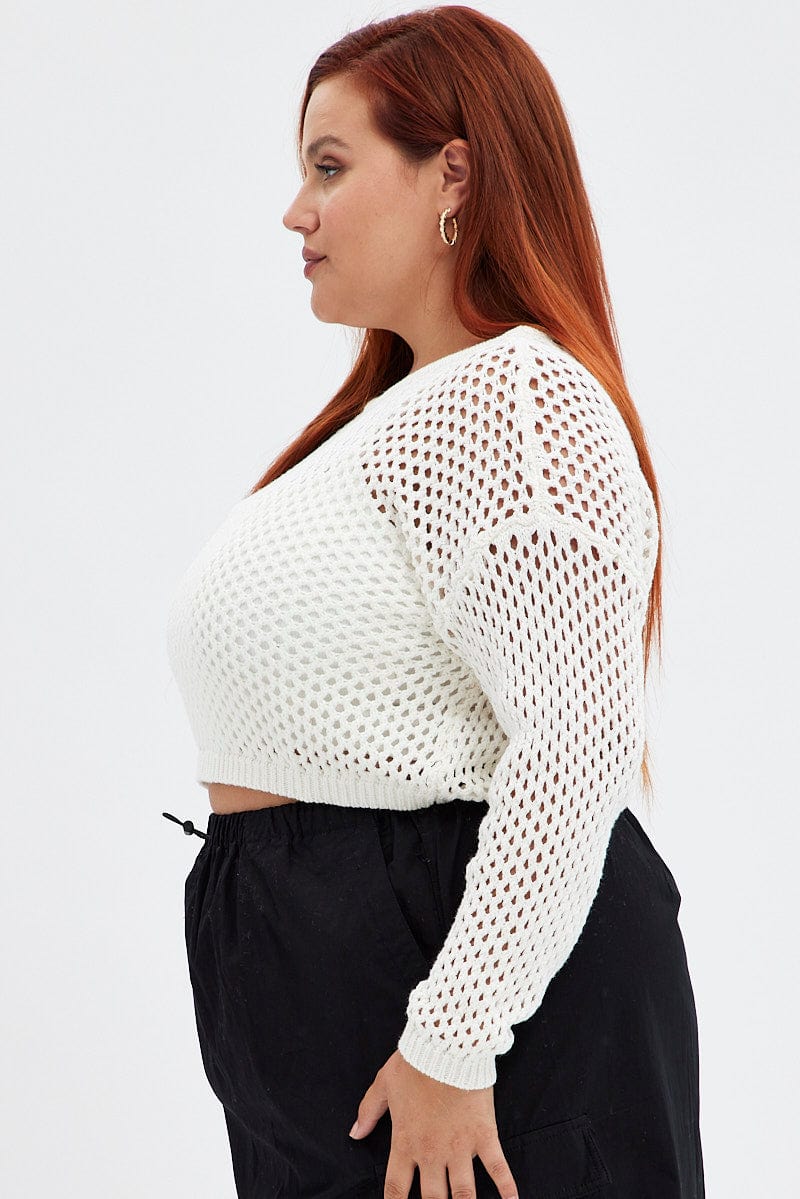 White Knit Jumper Long Sleeve Fishnet for YouandAll Fashion
