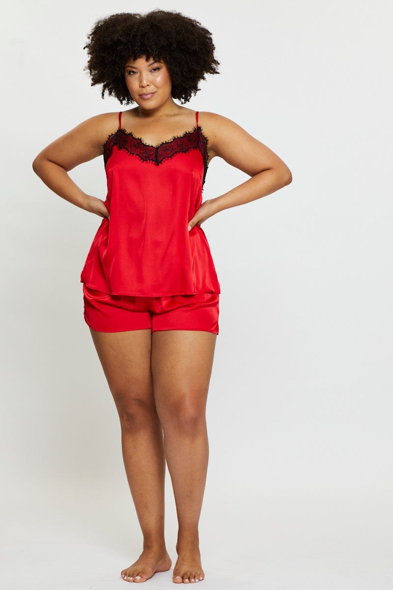 Red V-Neck Lace Trim Sleeveless Satin For Women By You And All