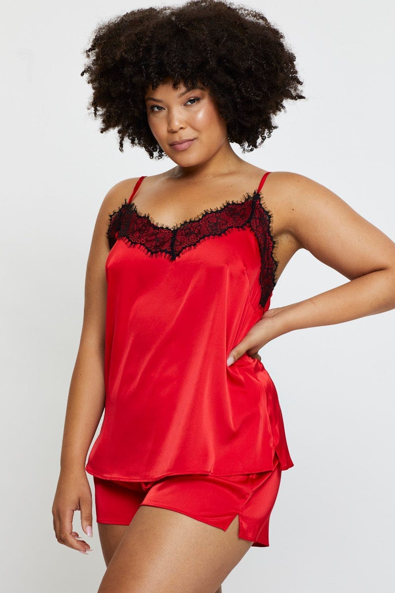 Red V-Neck Lace Trim Sleeveless Satin For Women By You And All
