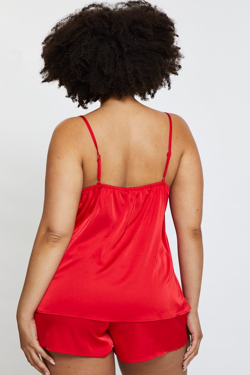Red V-Neck Lace Trim Sleeveless Satin For Women By You And All