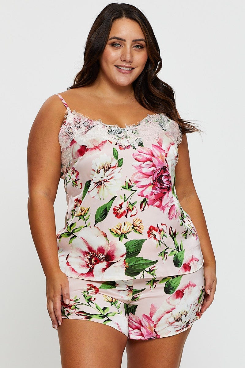 Floral Prt V-Neck Lace Trim Sleeveless Satin For Women By You And All