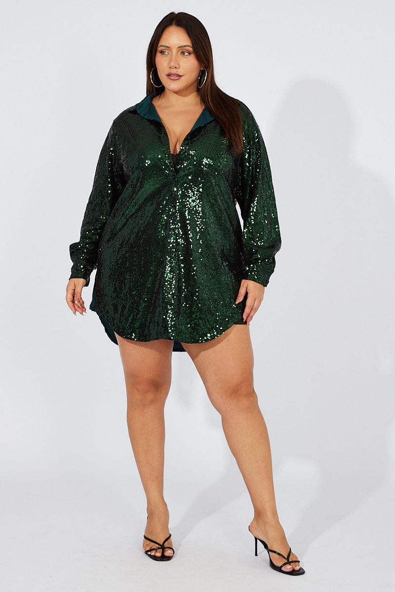 Green Sequin Long Overshirt Jacket for YouandAll Fashion