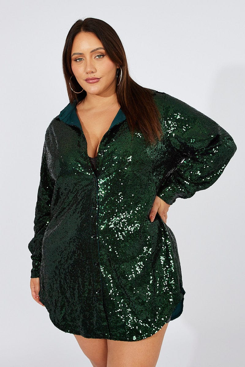 Green Sequin Long Overshirt Jacket for YouandAll Fashion