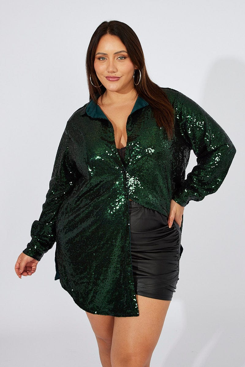 Green Sequin Long Overshirt Jacket for YouandAll Fashion