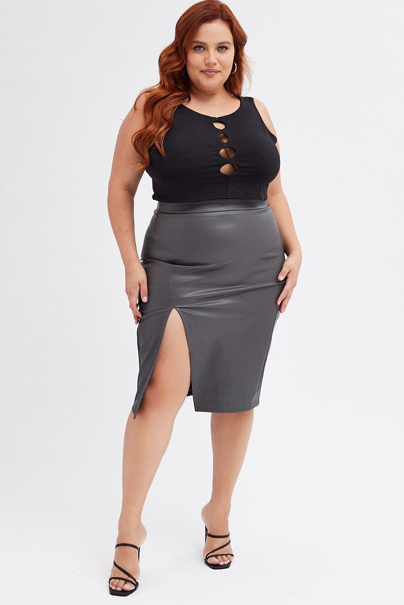 Grey Split Skirt Midi Faux Leather for YouandAll Fashion