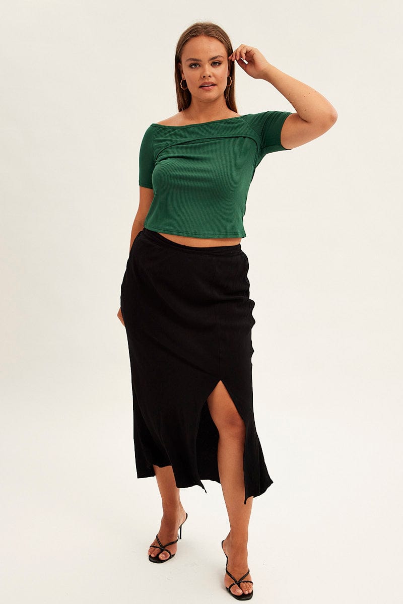 BLACK Midi Skirt Elastic Waist Split Side Linen Blend for YouandAll Fashion