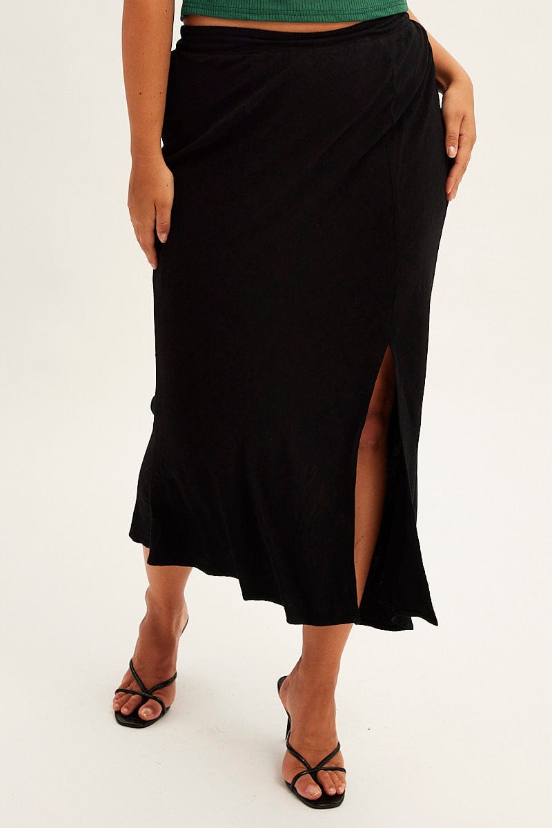 BLACK Midi Skirt Elastic Waist Split Side Linen Blend for YouandAll Fashion