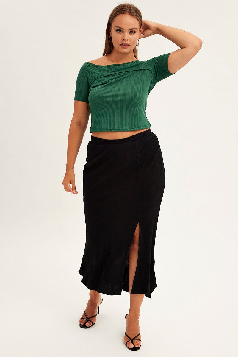 BLACK Midi Skirt Elastic Waist Split Side Linen Blend for YouandAll Fashion