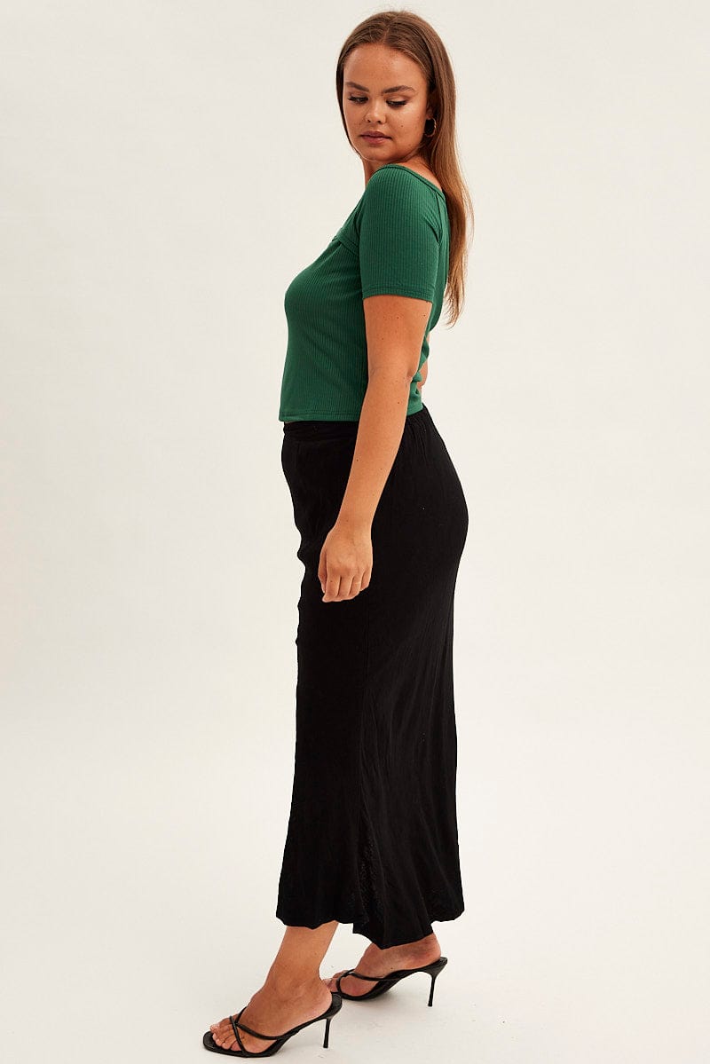 BLACK Midi Skirt Elastic Waist Split Side Linen Blend for YouandAll Fashion