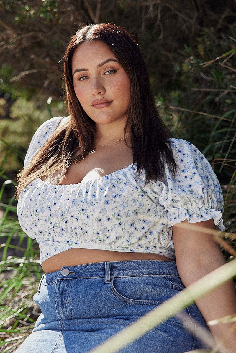 Blue Ditsy Crop Top Short Sleeve Tie Back for YouandAll Fashion