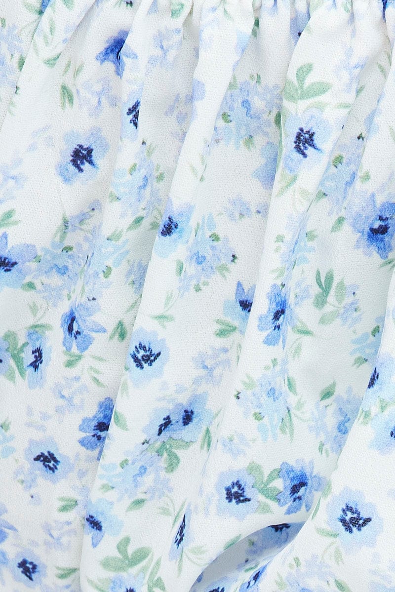Blue Ditsy Crop Top Short Sleeve Tie Back for YouandAll Fashion