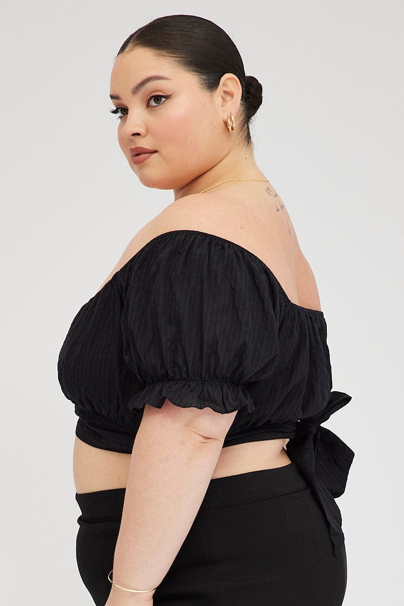 Black Crop Top Short Sleeve Tie Back for YouandAll Fashion