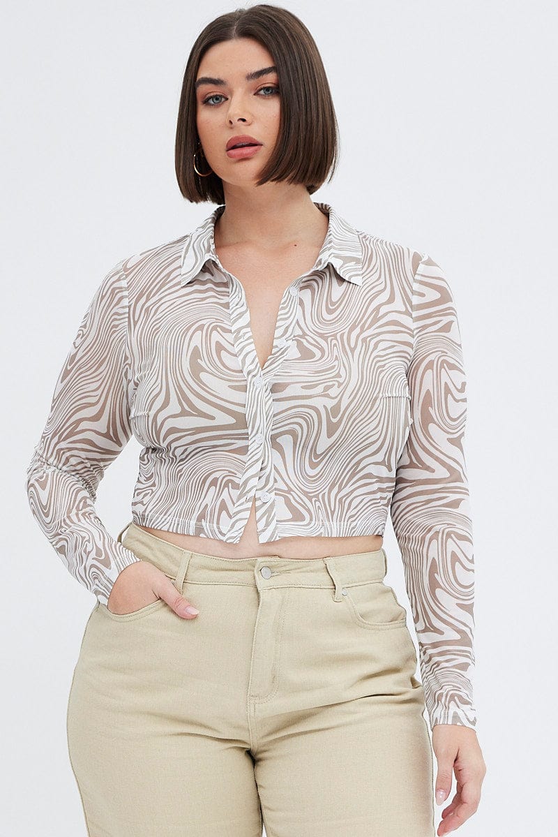 Brown Animal Print Mesh Shirt Long Sleeve for YouandAll Fashion
