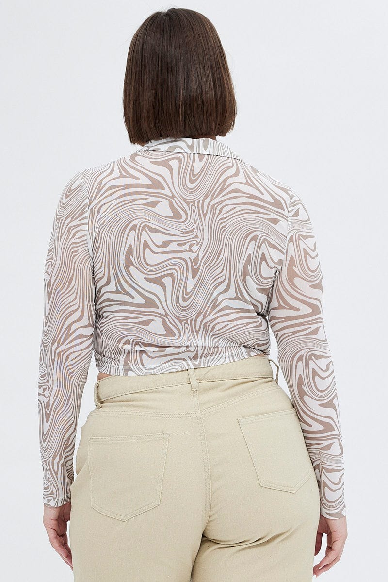 Brown Animal Print Mesh Shirt Long Sleeve for YouandAll Fashion