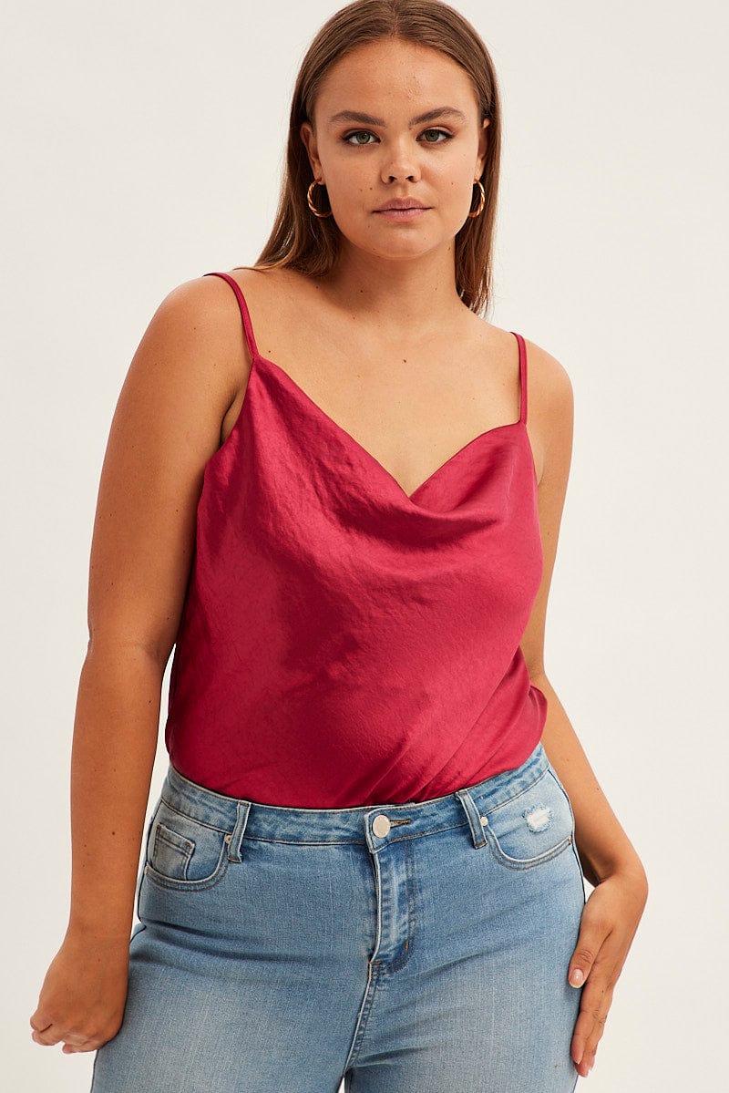 Red Singlet Top Sleeveless Satin Cowl Neck for YouandAll Fashion